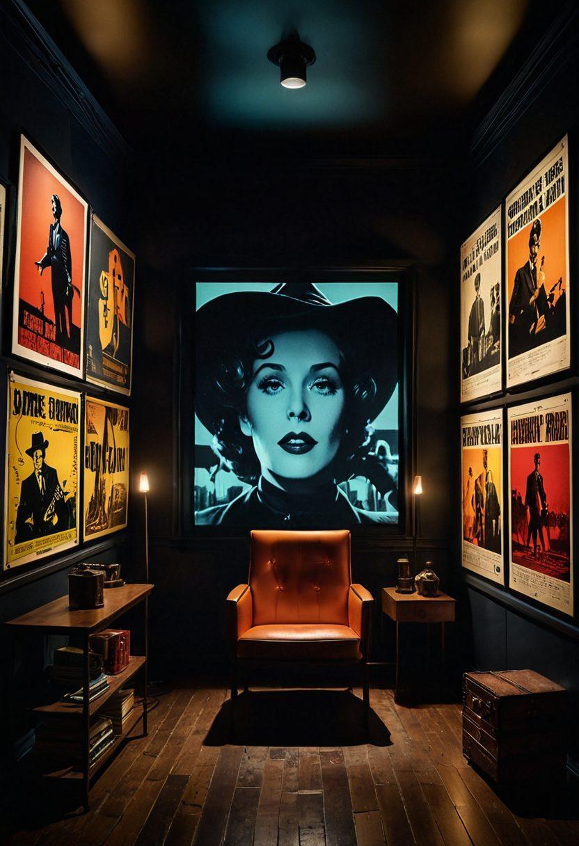 An open film reel unraveling vibrant scenes from hidden cinema, featuring iconic cult film characters in shadowy corners, surrounded by vintage movie posters and a glowing projector beam illuminating the dark space. The colors should be rich and moody, evoking a sense of nostalgia and intrigue. super-realistic. dark tones. cinematic lighting.