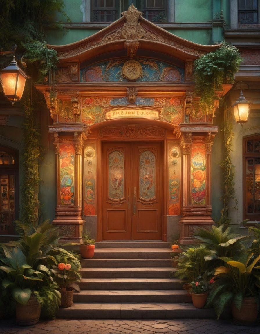 A whimsical, vintage cinema facade with ornate details, surrounded by lush greenery and artistic murals depicting iconic film scenes. Ethereal film reels float in the air, merging with vibrant colors that symbolize creativity and imagination. In the foreground, a diverse group of people passionately discussing films, capturing a sense of community and exploration in hidden cinema. The scene is illuminated with warm lantern light, evoking a cozy atmosphere. 3D. vibrant colors. super-realistic.